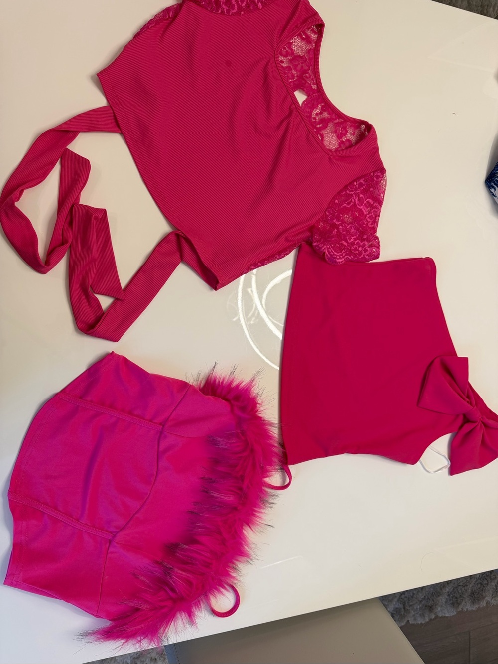 Set Of three Women's Hot Pink Lace Sleeve Crop Top & Skirt Set